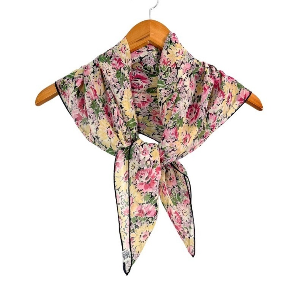 Vintage Echo Club 7 Silk Floral Scarf Japan Made Pink Yellow Green Square Boho